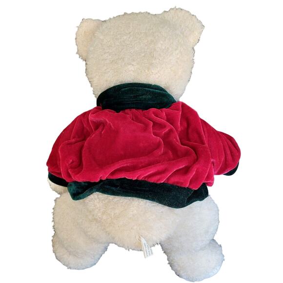 A Mart Plush White Teddy Bear Red Velvet Jacket Scarf Bell Holiday Decor Toy - Picture 3 of 9